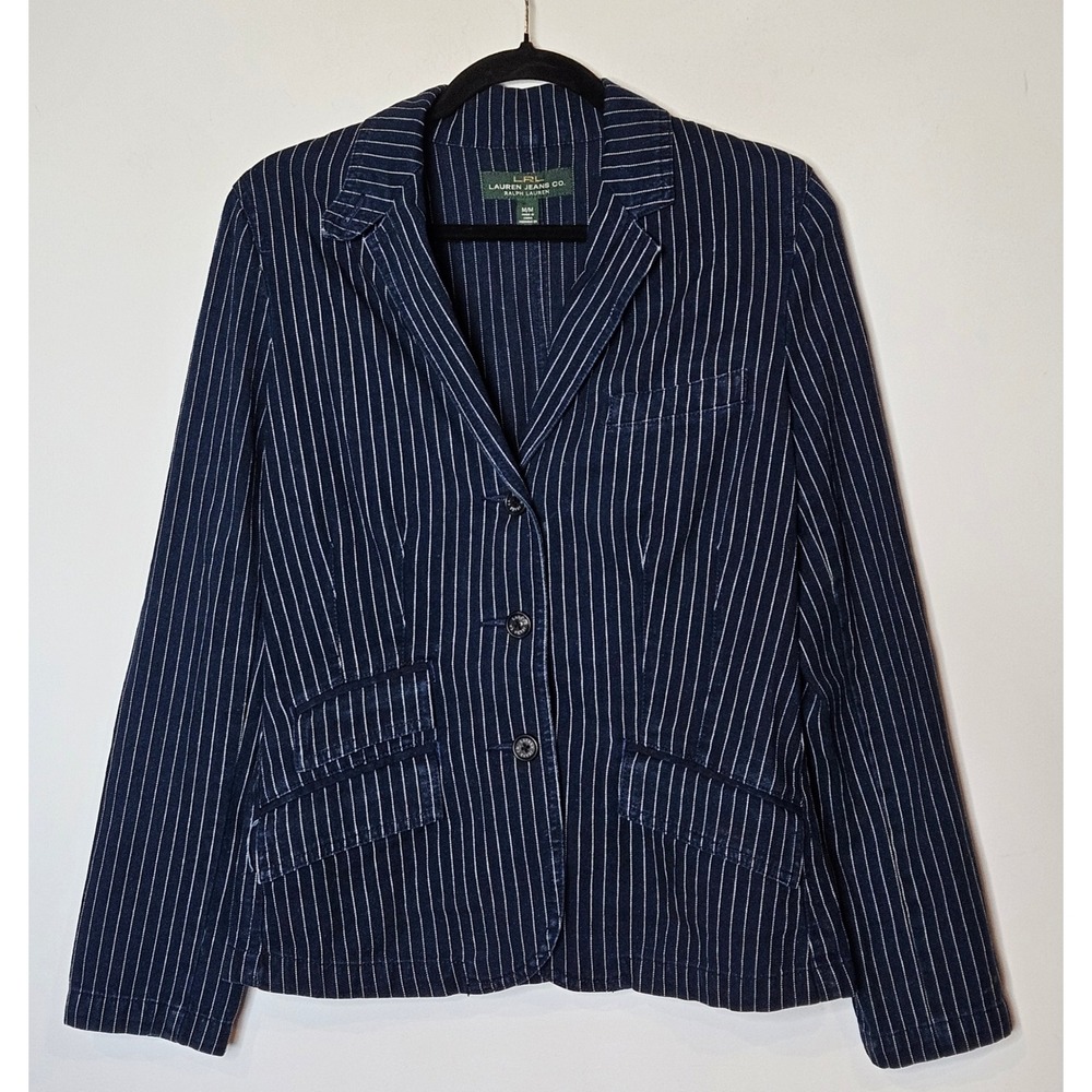 LRL Lauren Jeans Co. Pinstripe Cotton Navy Blazer Jacket Womens Med Career‎